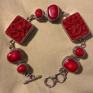 Silver red coral dragon Sarda chunky bracelet